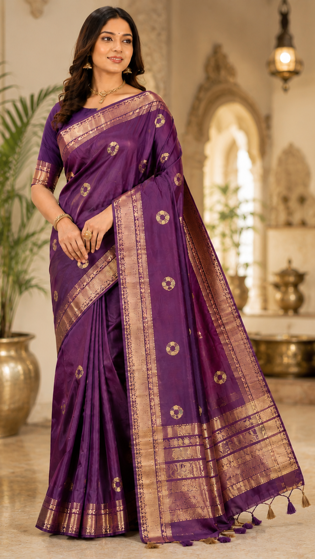 Woman wearing a purple saree with gold patterns in an indoor setting