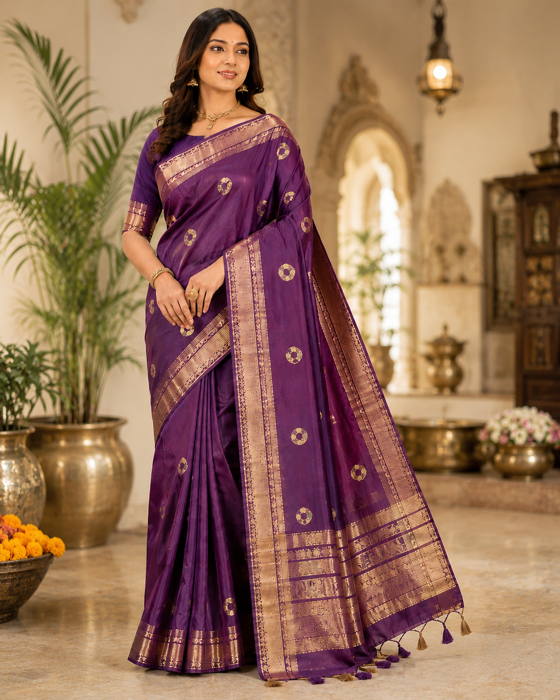 Woman wearing a purple saree with gold patterns in an indoor setting