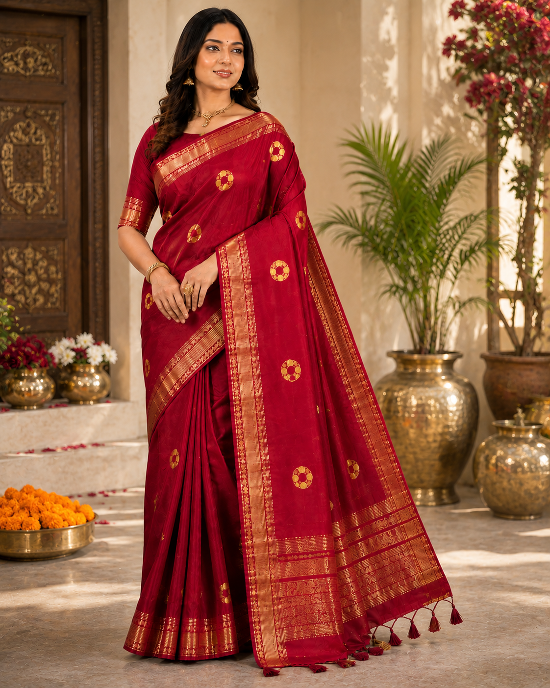 Woman in a red saree with gold patterns standing in a decorated indoor setting.