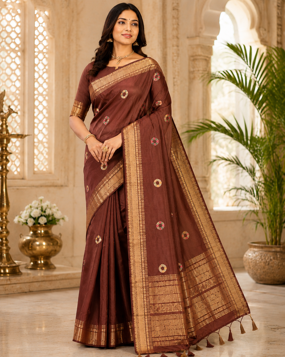 Woman wearing a brown saree with gold patterns in an elegant indoor setting.