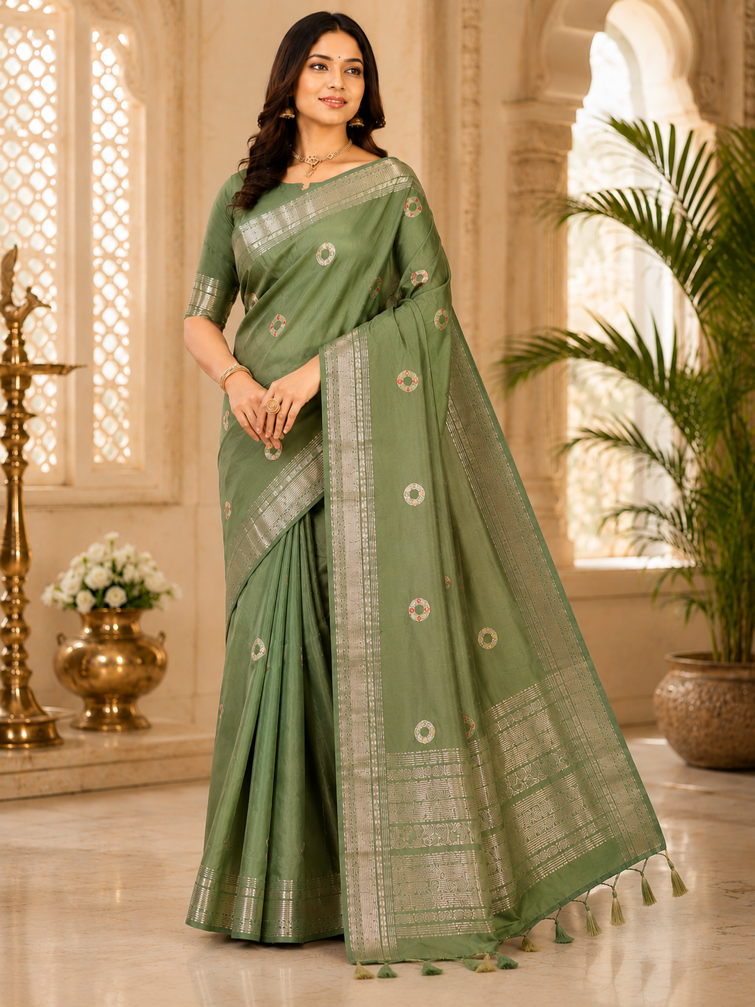 Woman wearing a green saree with a decorative border in an elegant indoor setting.