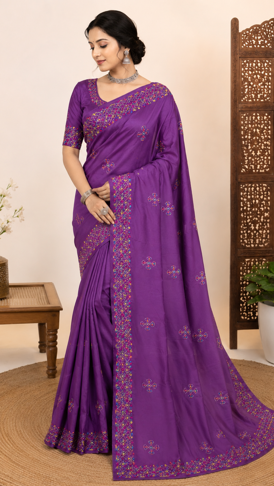 Woman wearing a purple saree with intricate designs in a home setting.