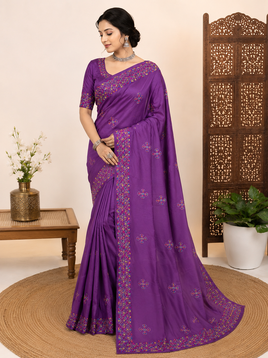 Woman wearing a purple saree with intricate designs in a home setting.