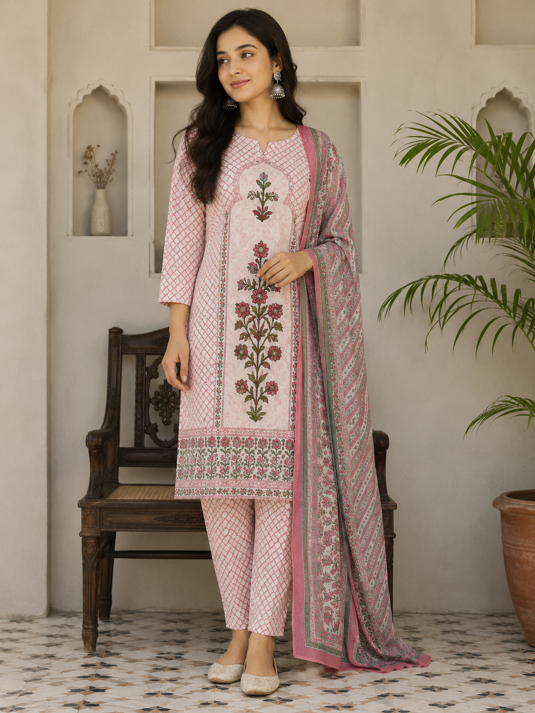 Jaipuri Pure Cotton 3 Piece Suit Set for Women