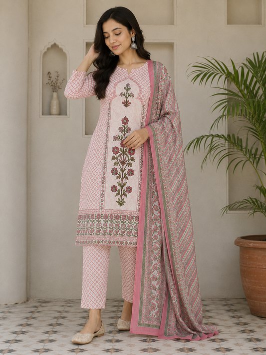 Jaipuri Pure Cotton 3 Piece Suit Set for Women
