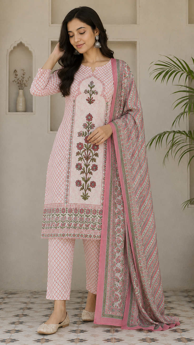 Jaipuri Pure Cotton 3 Piece Suit Set for Women