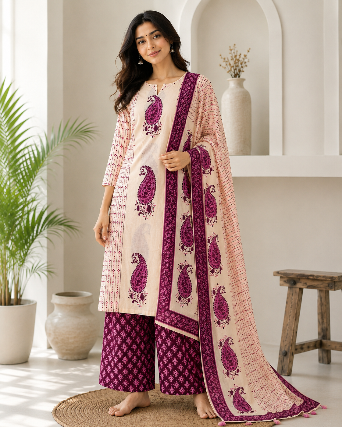 Jaipuri Pure Cotton 3 Piece Suit Set for Women | Cream & Magenta Paisley Print