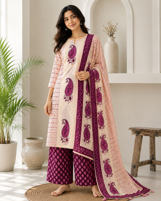 Jaipuri Pure Cotton 3 Piece Suit Set for Women | Cream & Magenta Paisley Print
