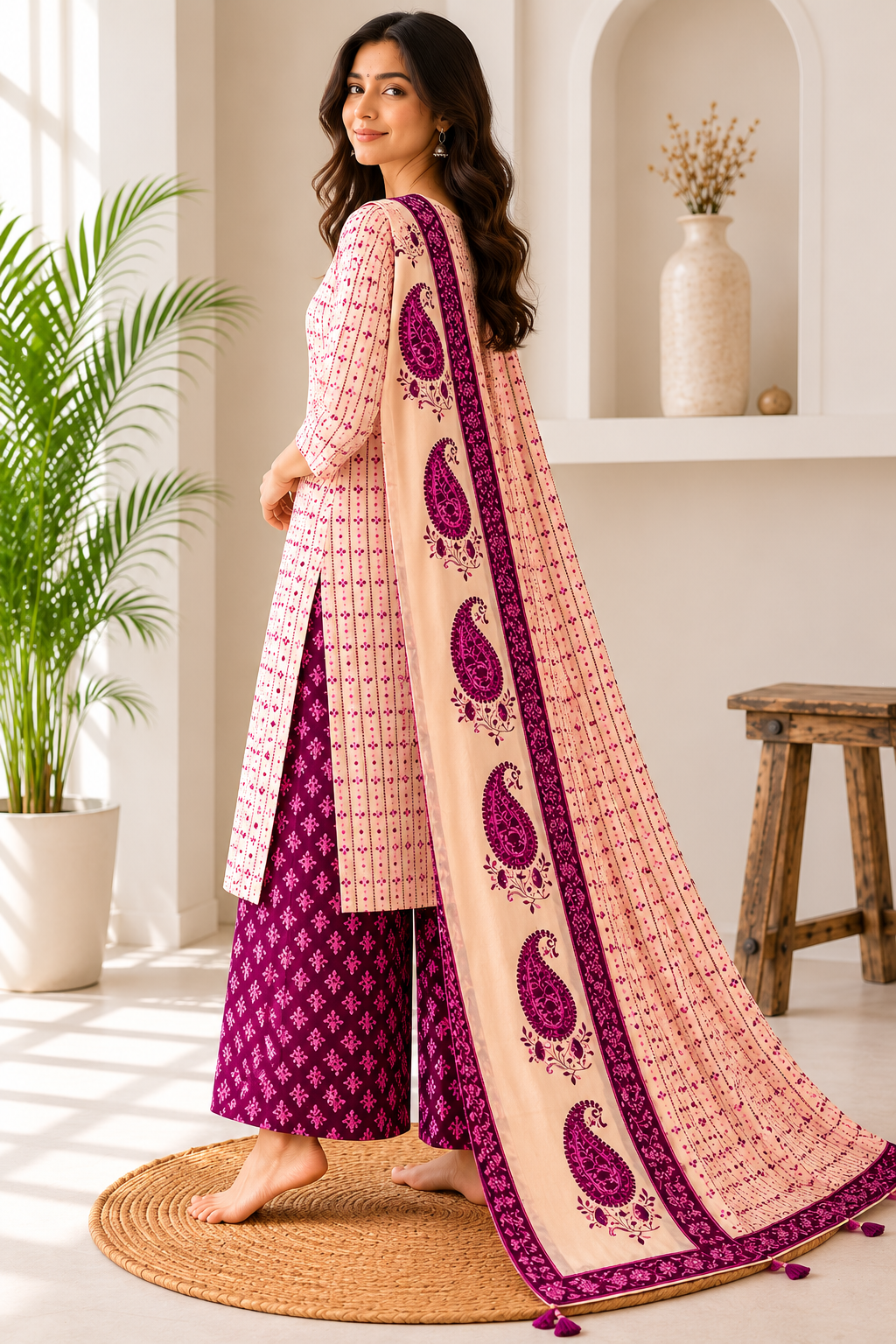 Jaipuri Pure Cotton 3 Piece Suit Set for Women | Cream & Magenta Paisley Print
