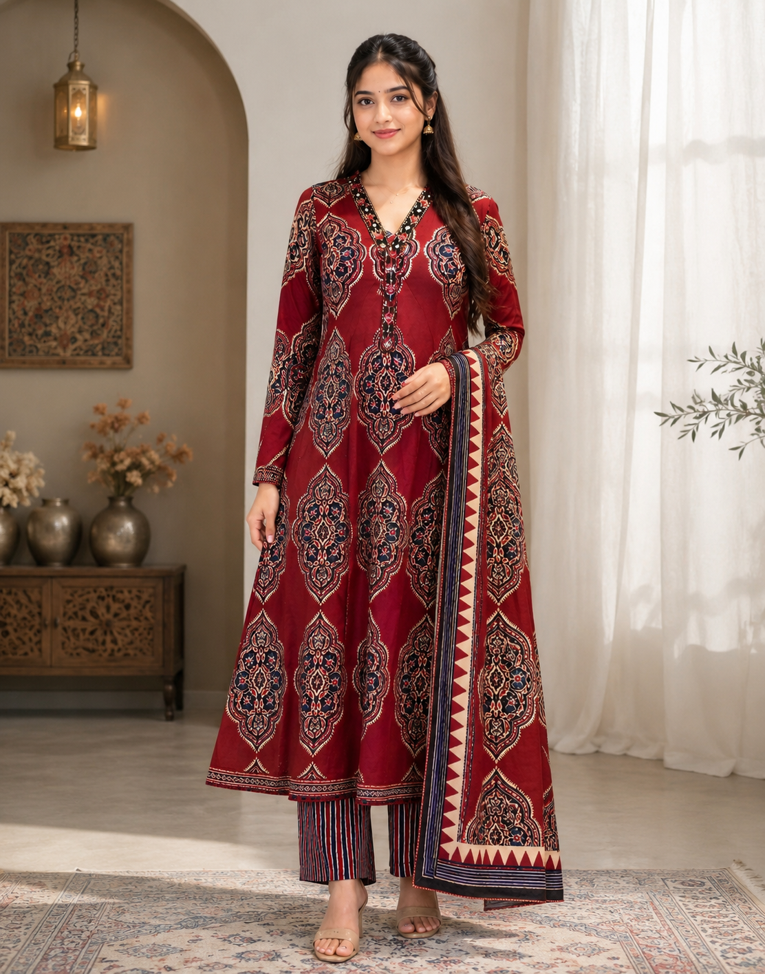 Ajrakh Print Pure Cotton Anarkali 3 Piece Suit Set for Women with Dupatta