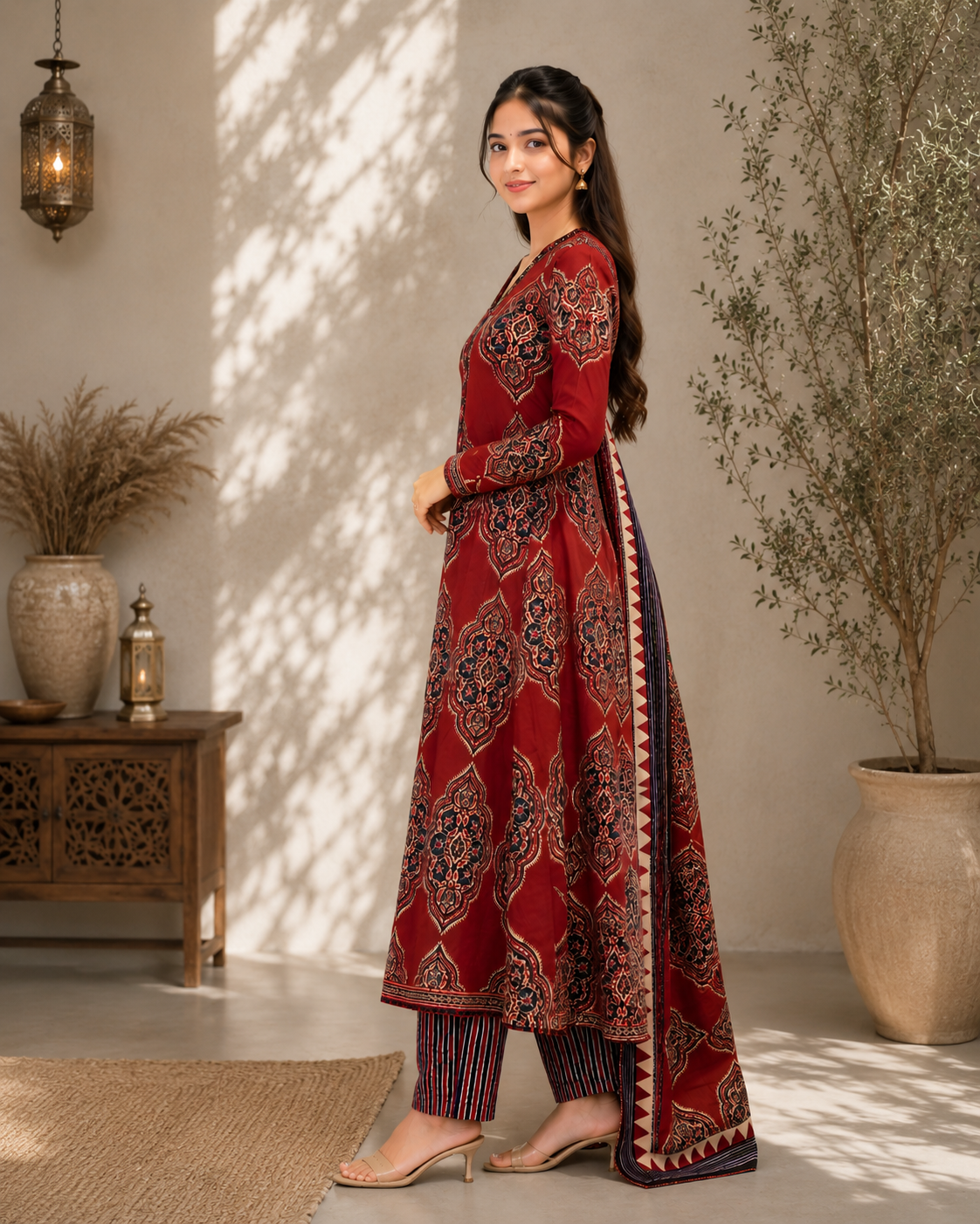 Ajrakh Print Pure Cotton Anarkali 3 Piece Suit Set for Women with Dupatta