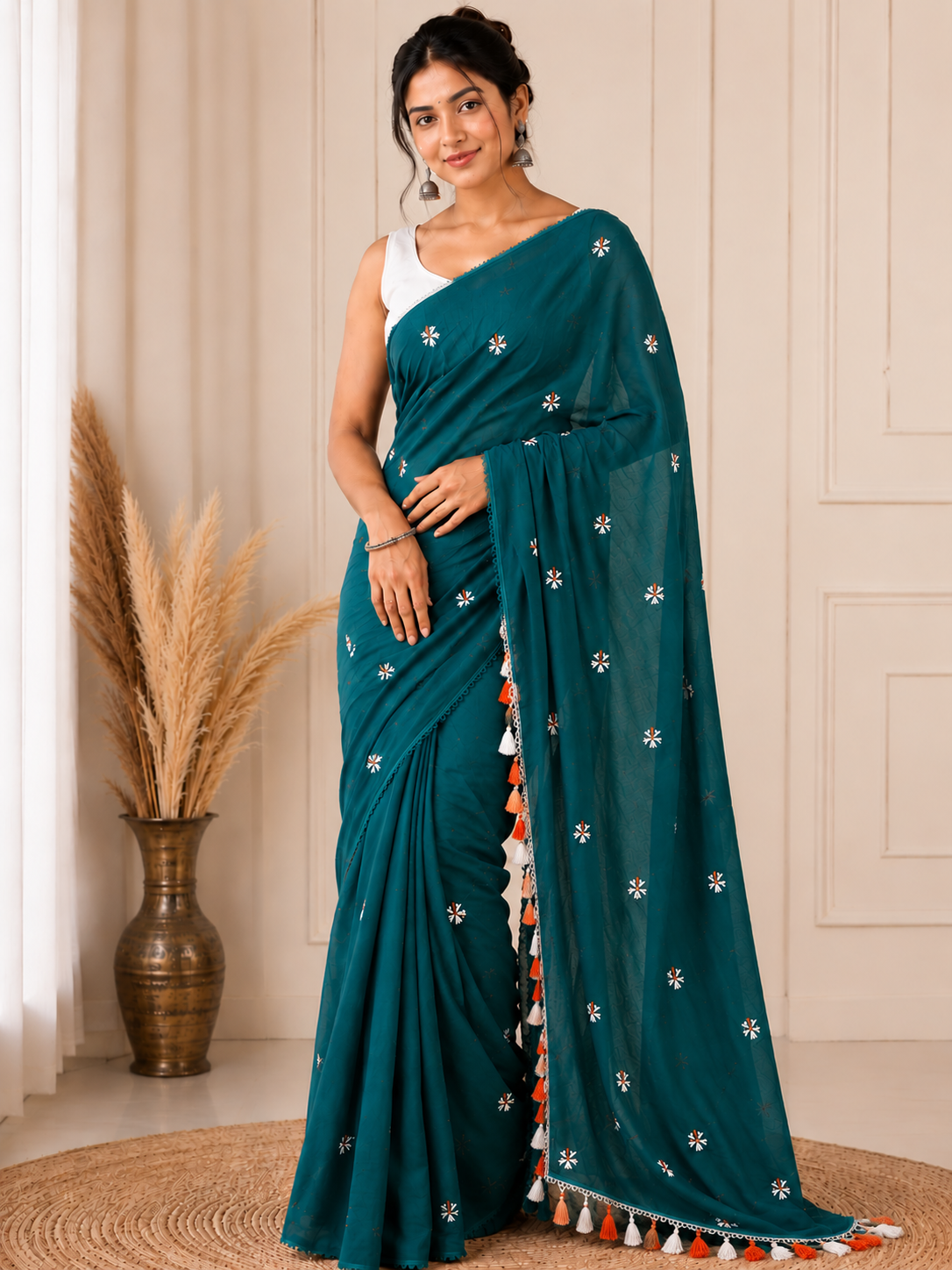 Prajakta Embroidered Cotton Blend Saree with Tassel Border |