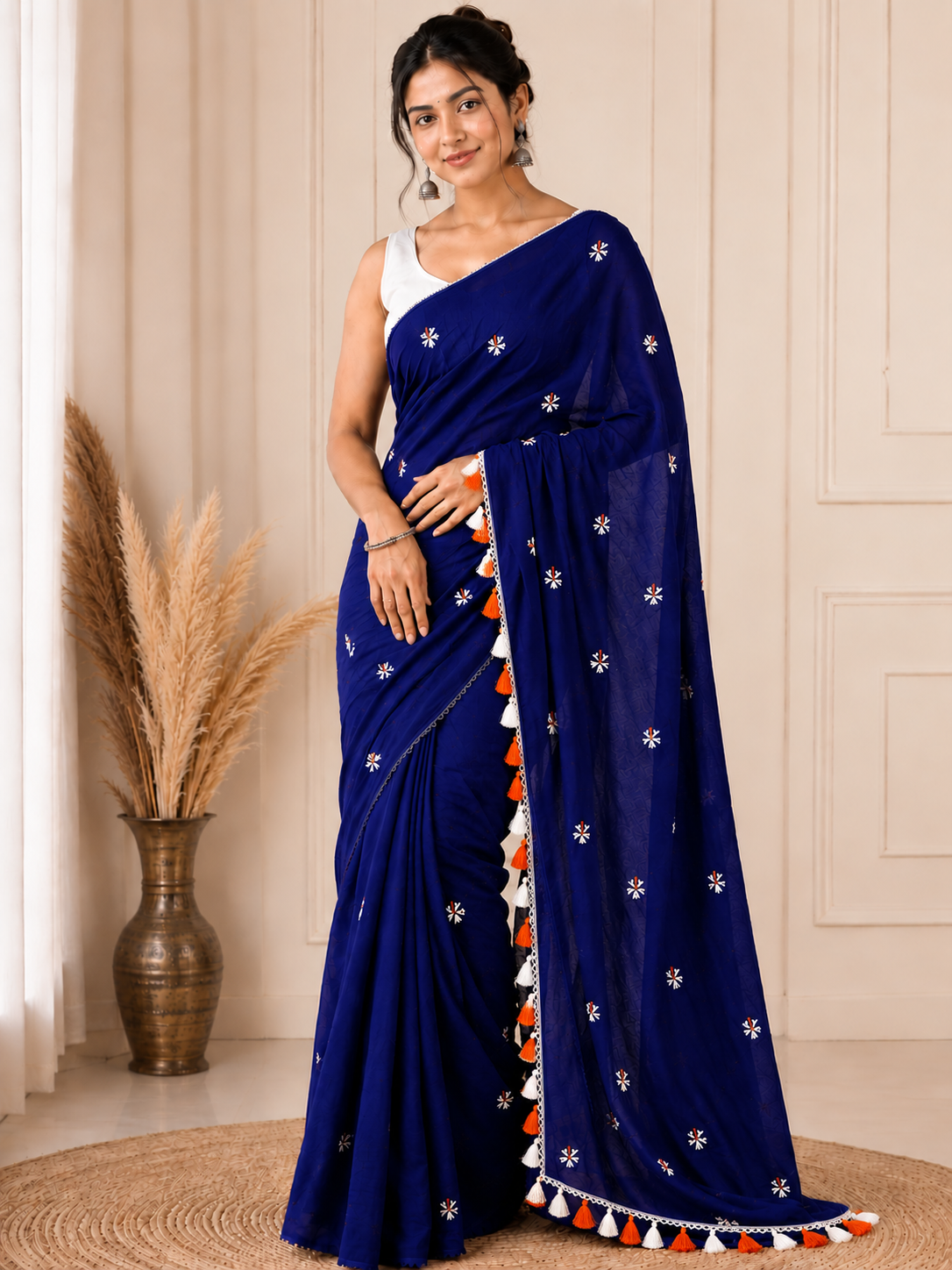 Prajakta Embroidered Cotton Blend Saree with Tassel Border |