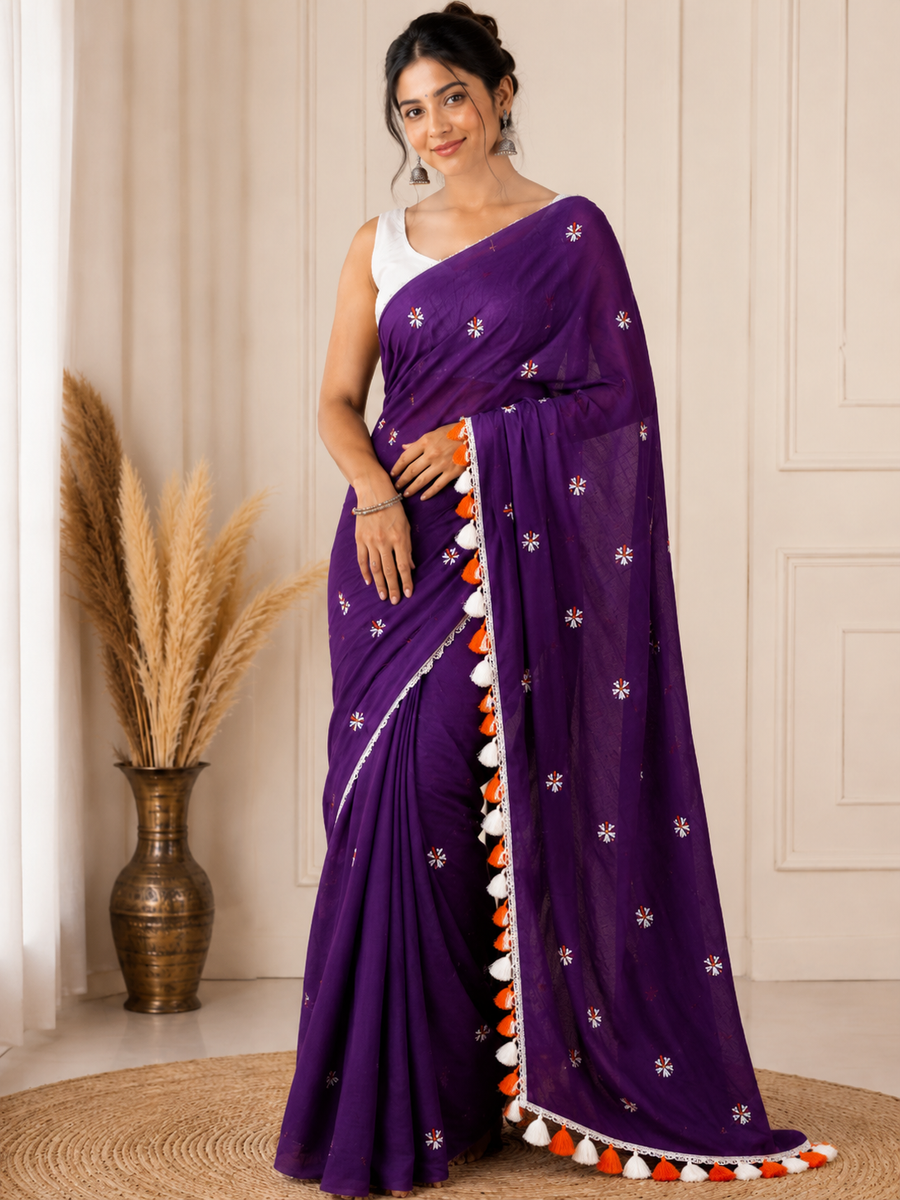 Prajakta Embroidered Cotton Blend Saree with Tassel Border |