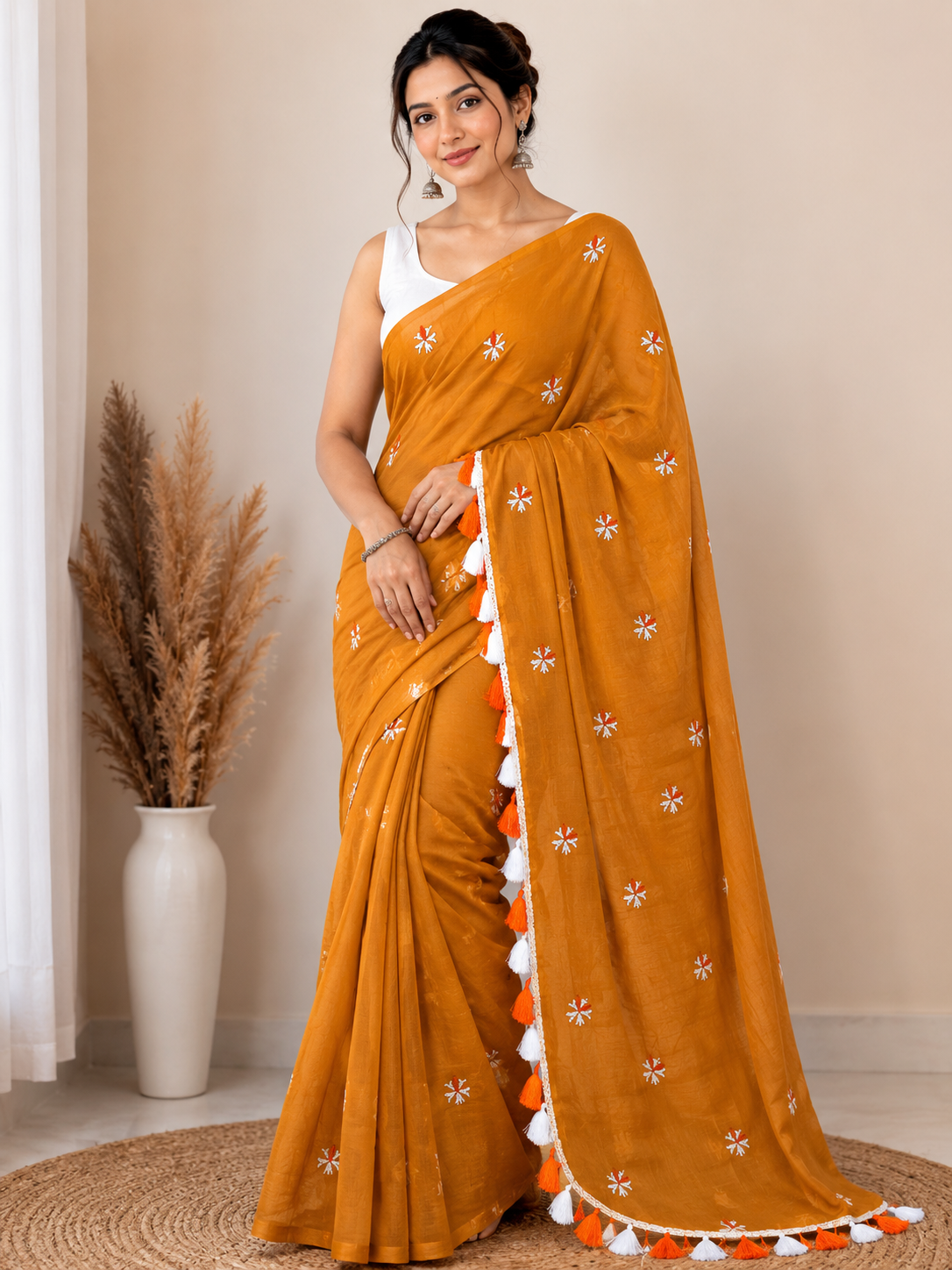 Prajakta Embroidered Cotton Blend Saree with Tassel Border |