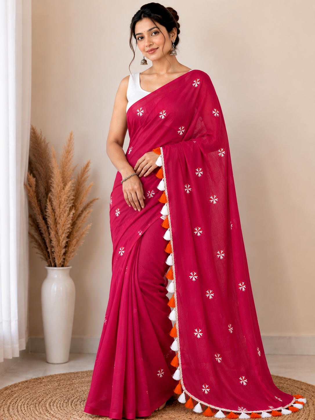 Prajakta Embroidered Cotton Blend Saree with Tassel Border |