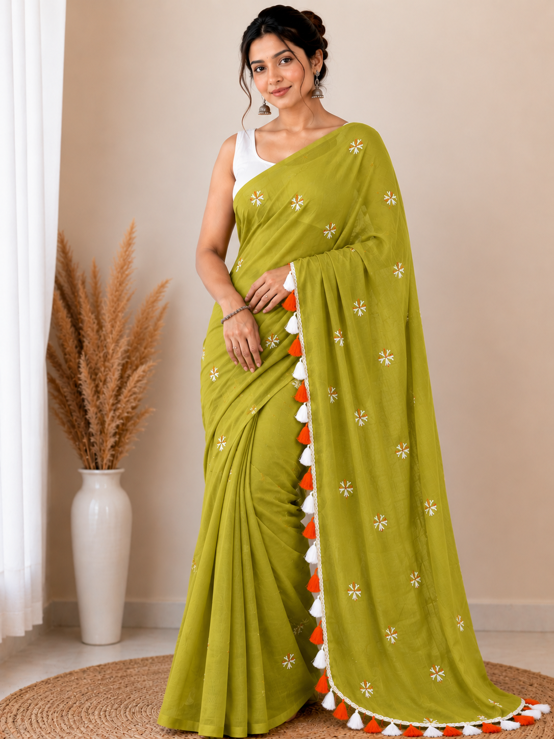 Prajakta Embroidered Cotton Blend Saree with Tassel Border |