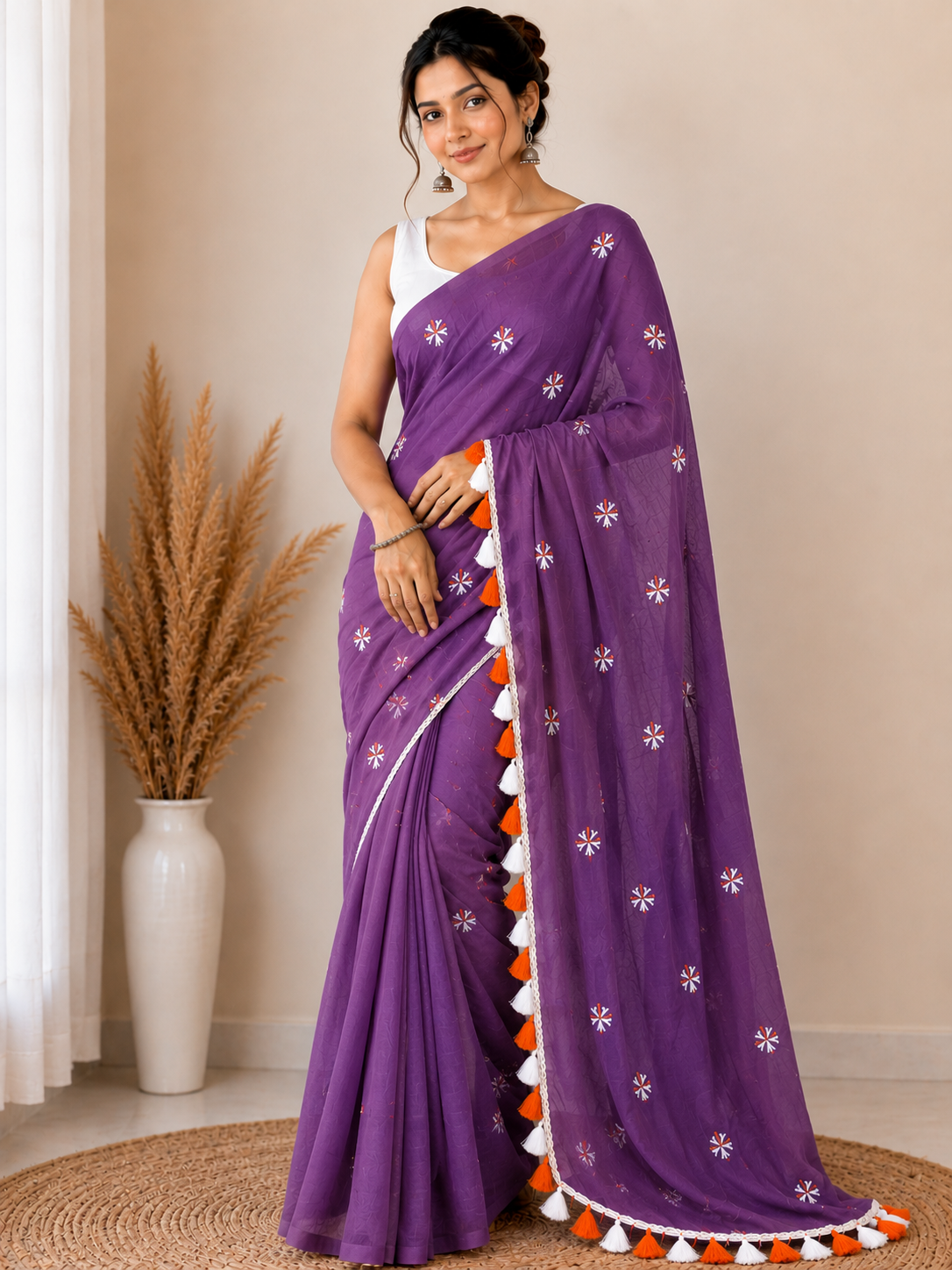 Prajakta Embroidered Cotton Blend Saree with Tassel Border |