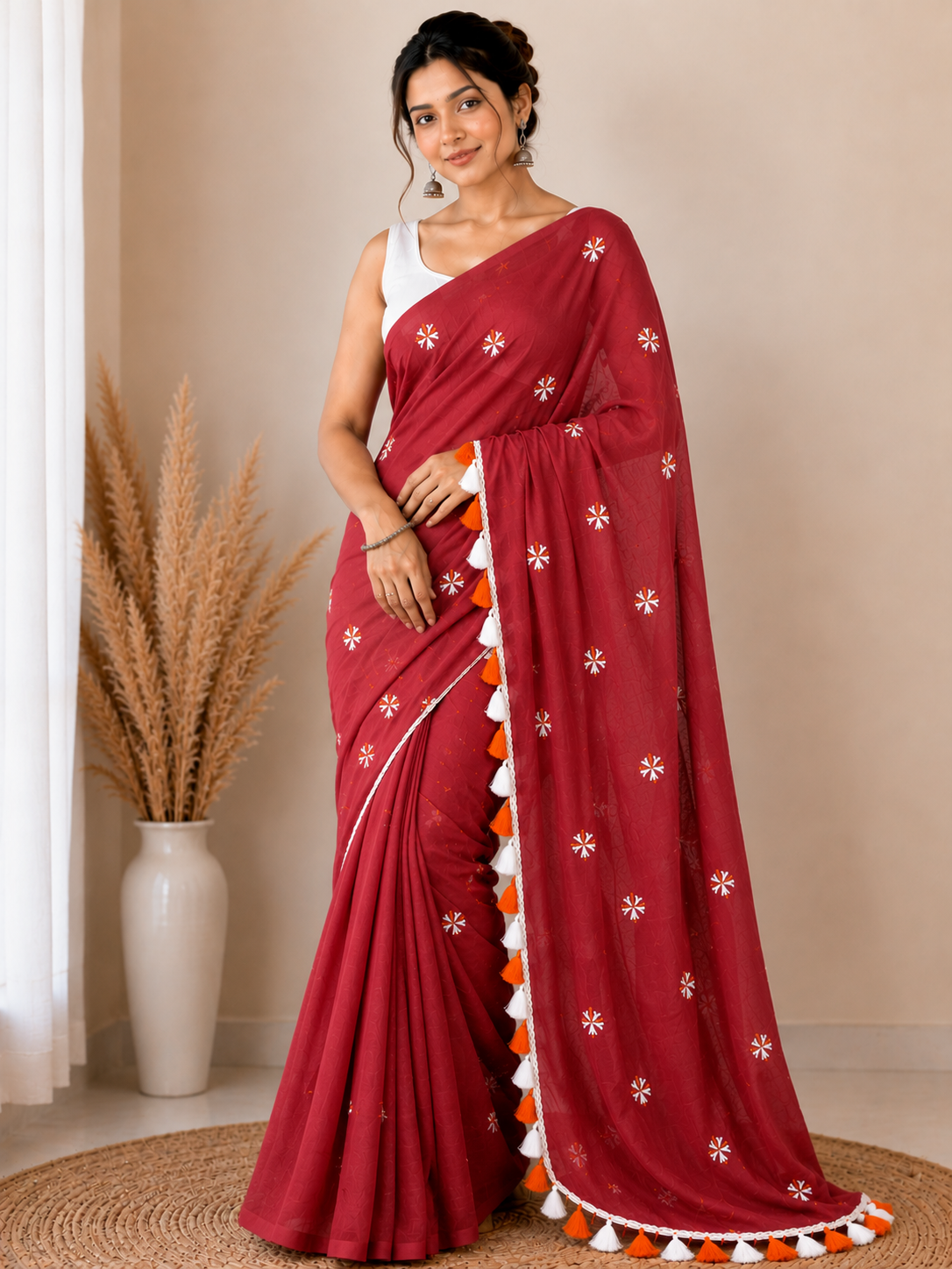 Prajakta Embroidered Cotton Blend Saree with Tassel Border |