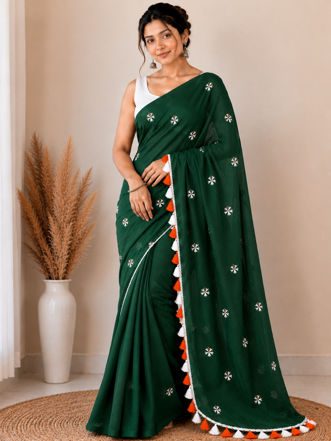 Prajakta Embroidered Cotton Blend Saree with Tassel Border |