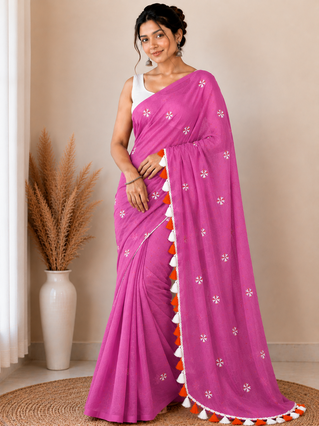 Prajakta Embroidered Cotton Blend Saree with Tassel Border |