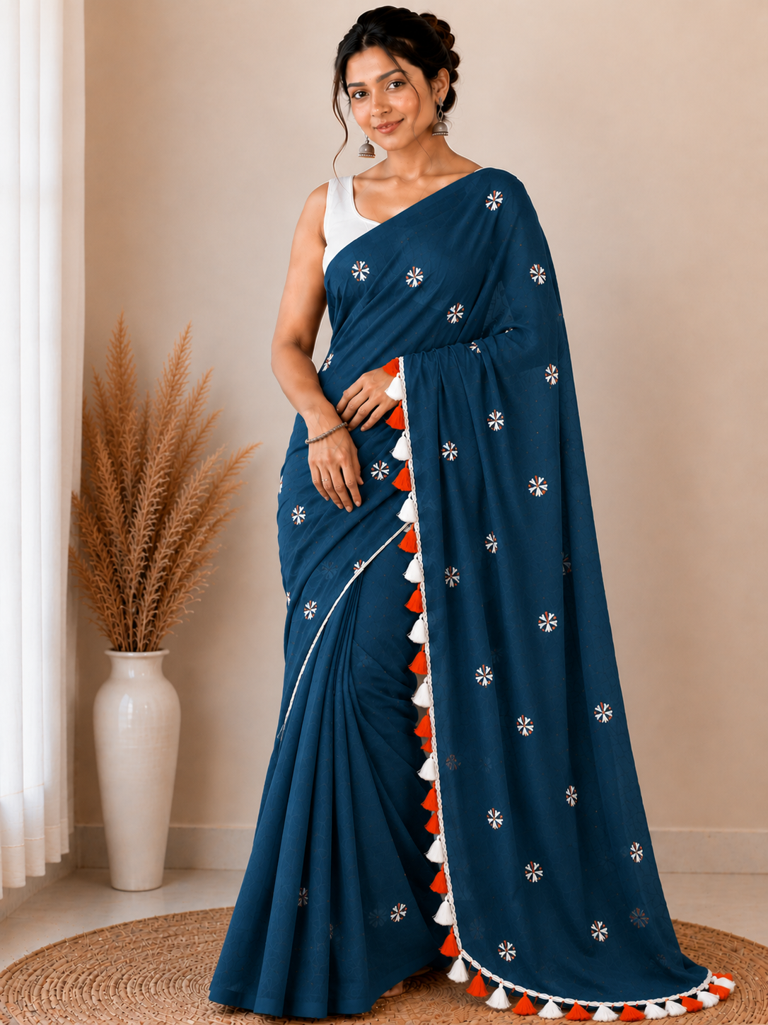 Prajakta Embroidered Cotton Blend Saree with Tassel Border |