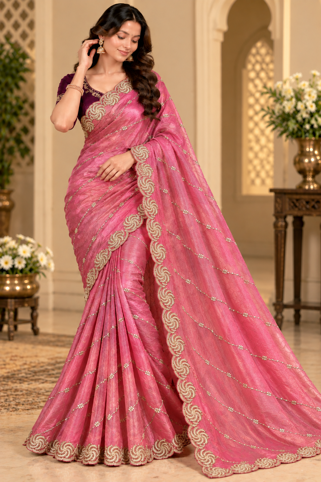 Premium Wine Maroon Embroidered Designer Saree