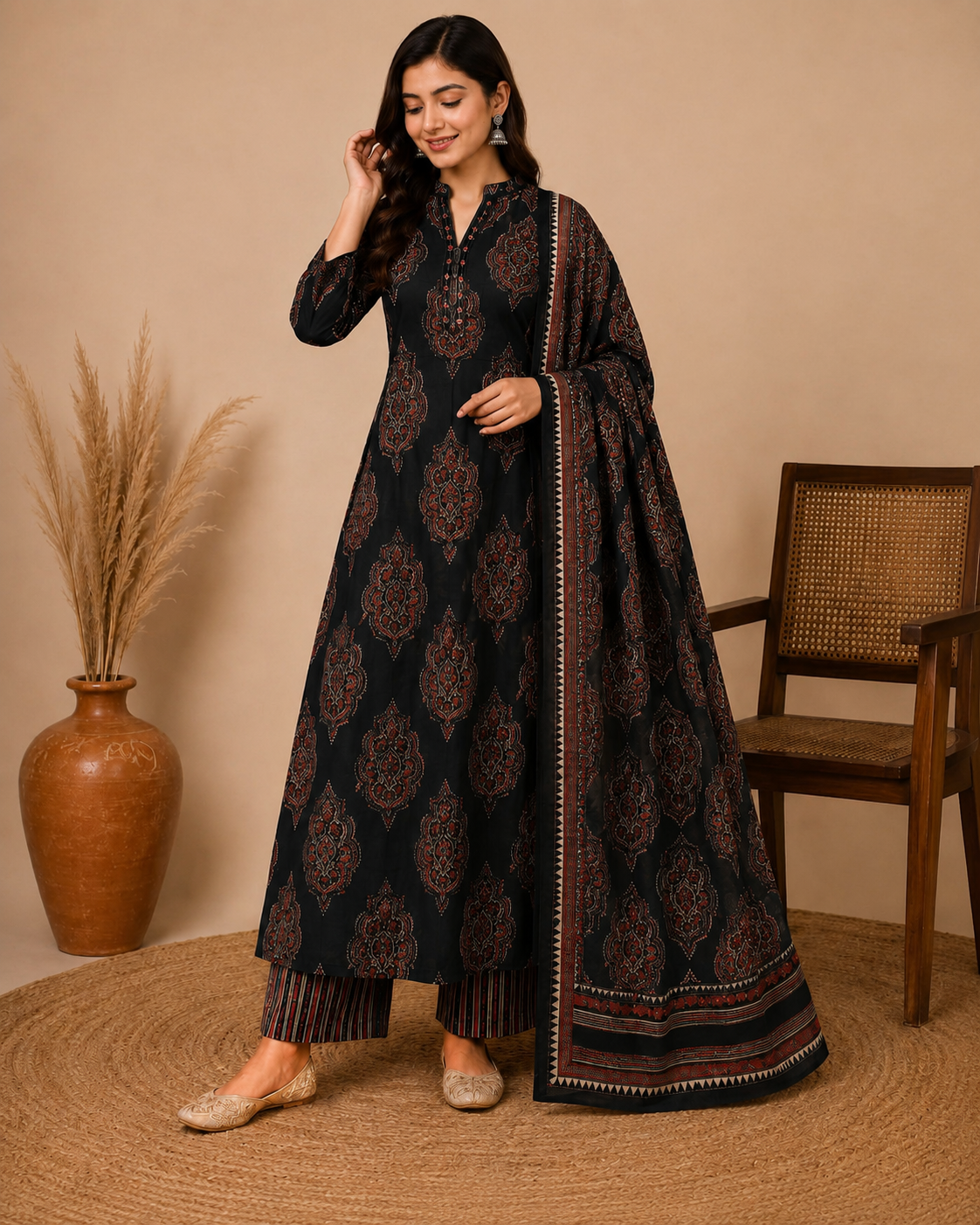 Ajrakh Print Pure Cotton Anarkali 3 Piece Suit Set for Women with Dupatta