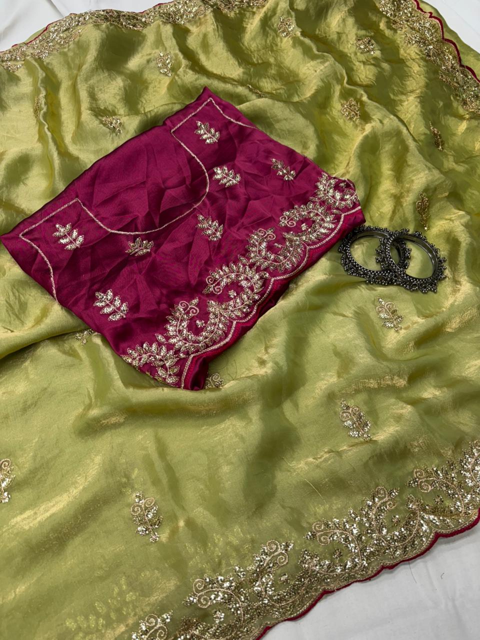 Fendy Satin Saree for Party Wear| Gota Patti Work | Marwadi Design | Contrast Blouse | Krishna Pooja Textiles
