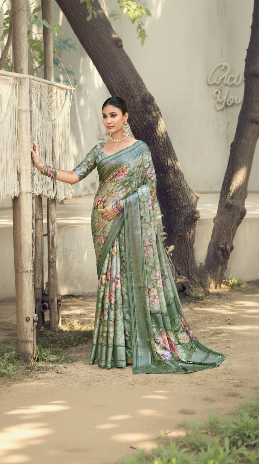 Floral Moss Brasso Saree with Foil Jari Border | Krishna Textiles Market