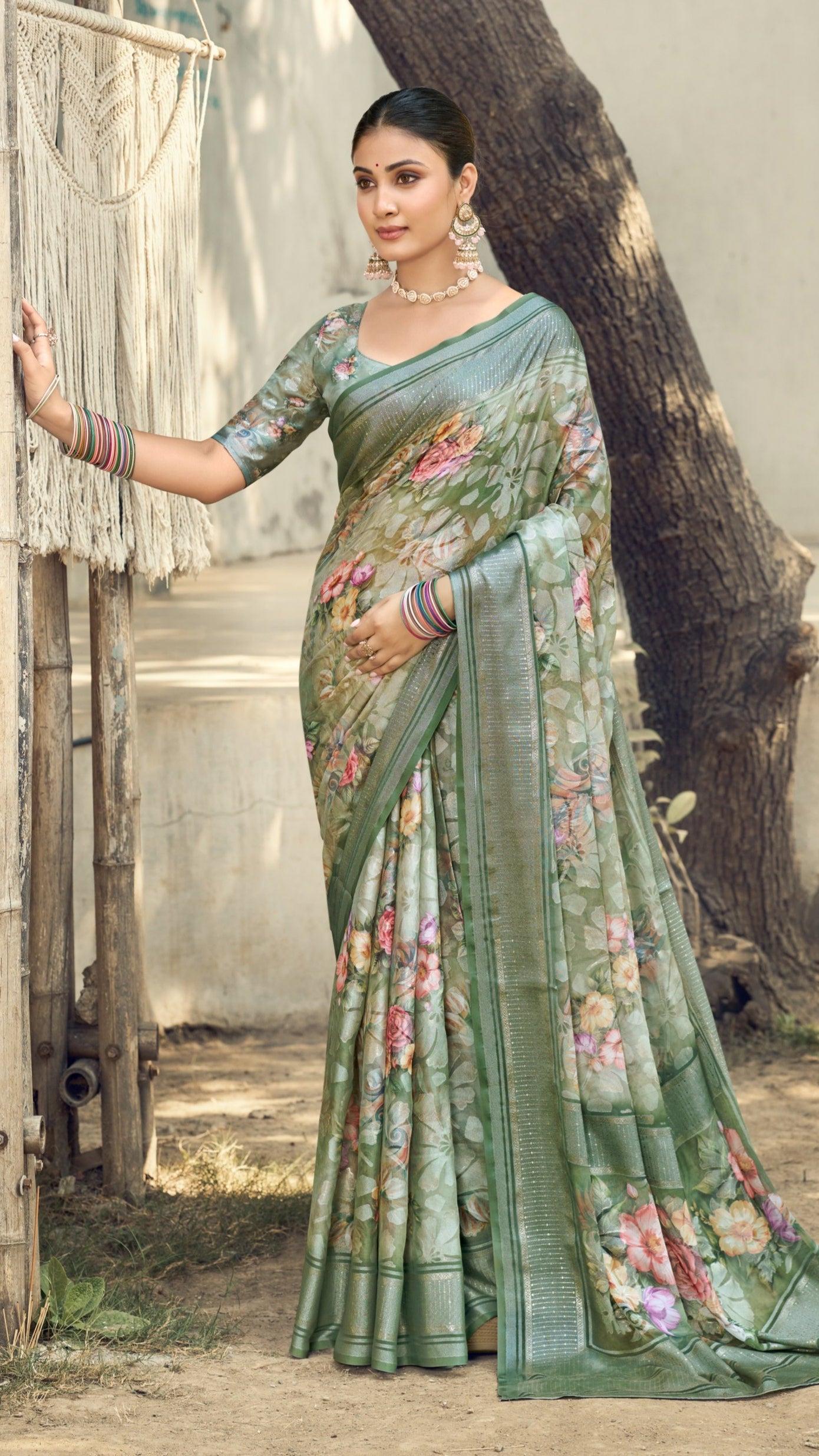 Floral Moss Brasso Saree with Foil Jari Border | Krishna Textiles Market
