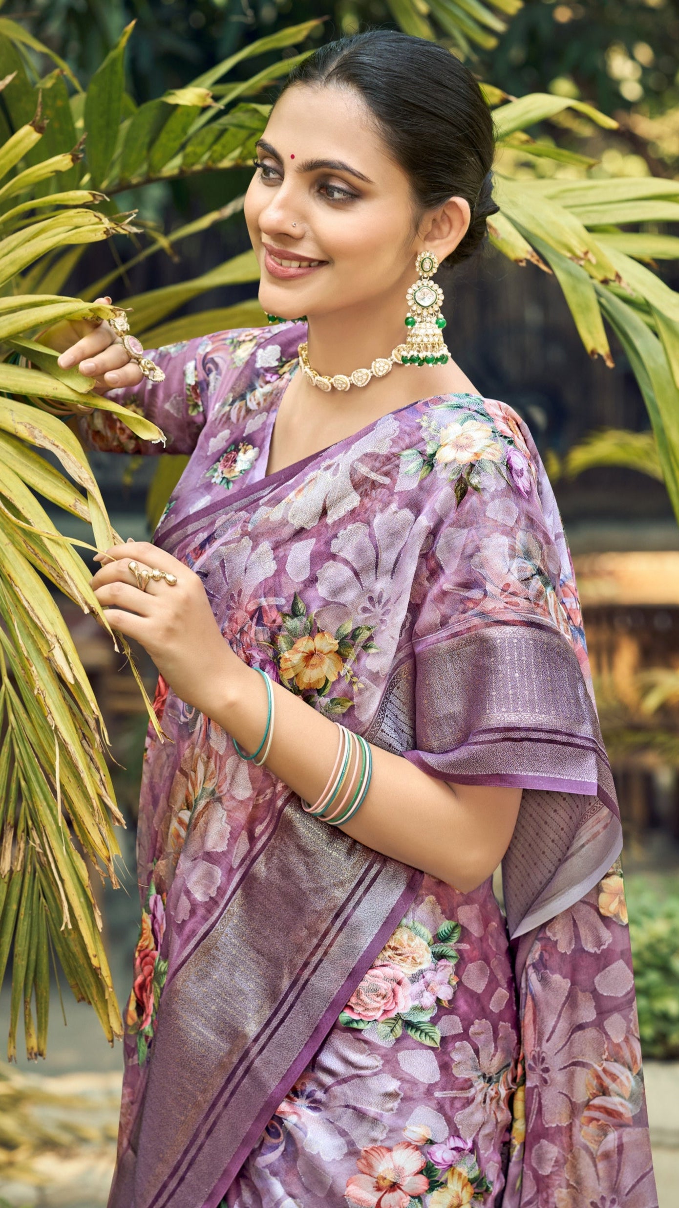 Floral Moss Brasso Saree with Foil Jari Border | Krishna Textiles Market
