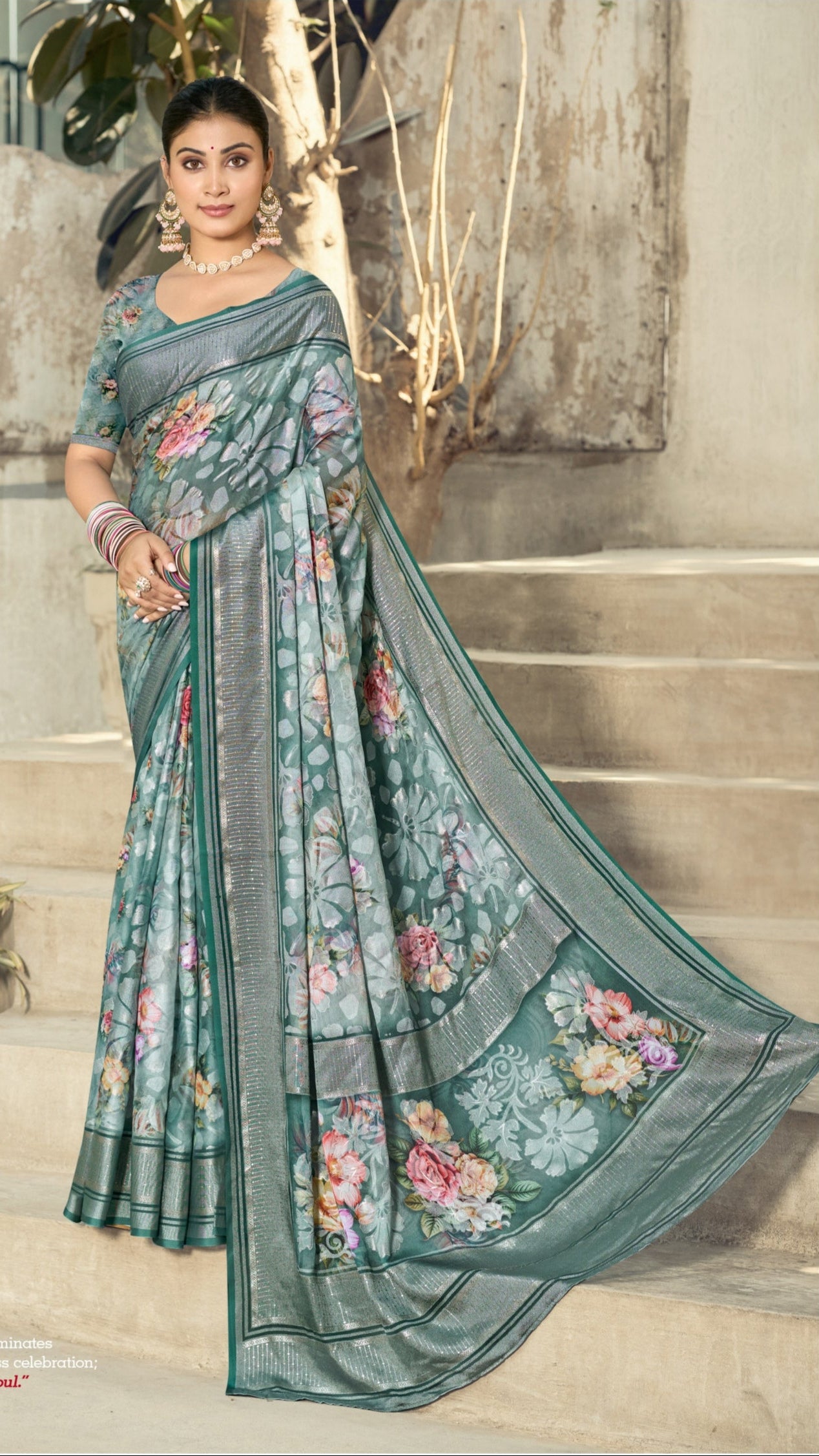 Floral Moss Brasso Saree with Foil Jari Border | Krishna Textiles Market