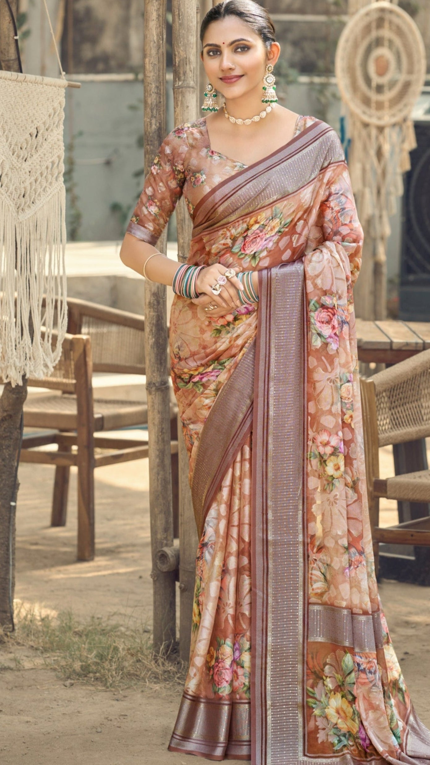 Floral Moss Brasso Saree with Foil Jari Border | Krishna Textiles Market