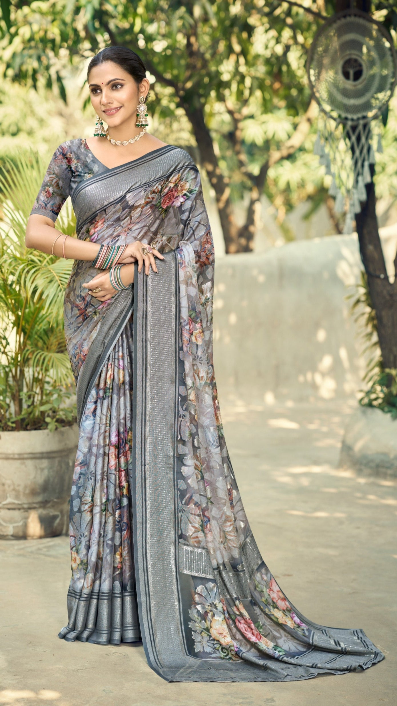 Floral Moss Brasso Saree with Foil Jari Border | Krishna Textiles Market