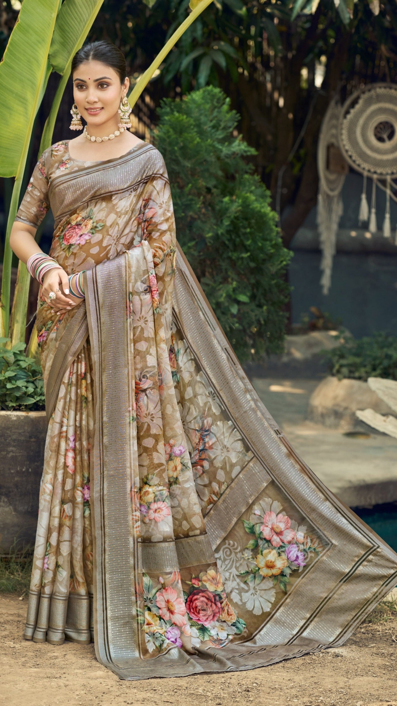 Floral Moss Brasso Saree with Foil Jari Border | Krishna Textiles Market
