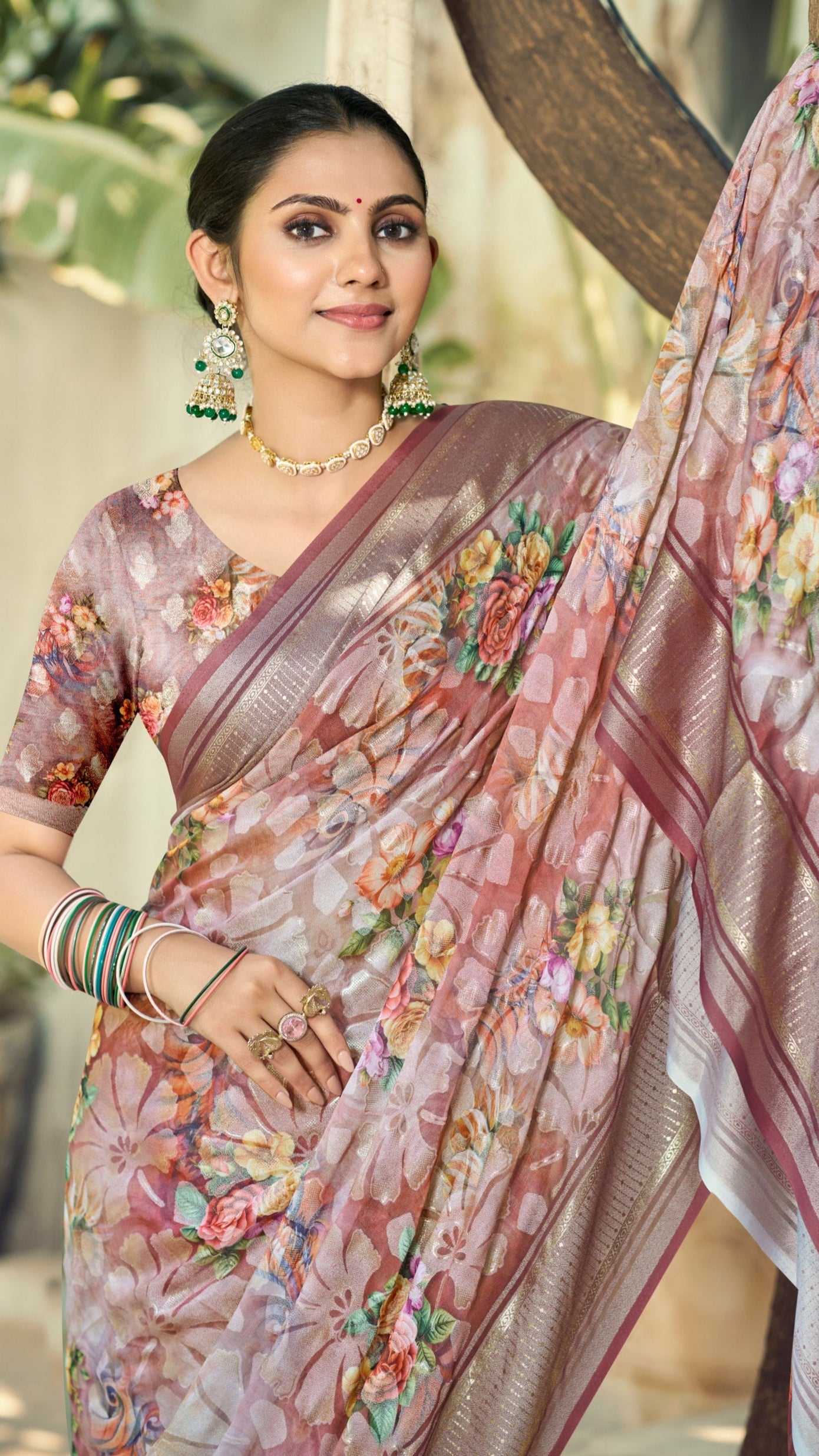 Floral Moss Brasso Saree with Foil Jari Border | Krishna Textiles Market