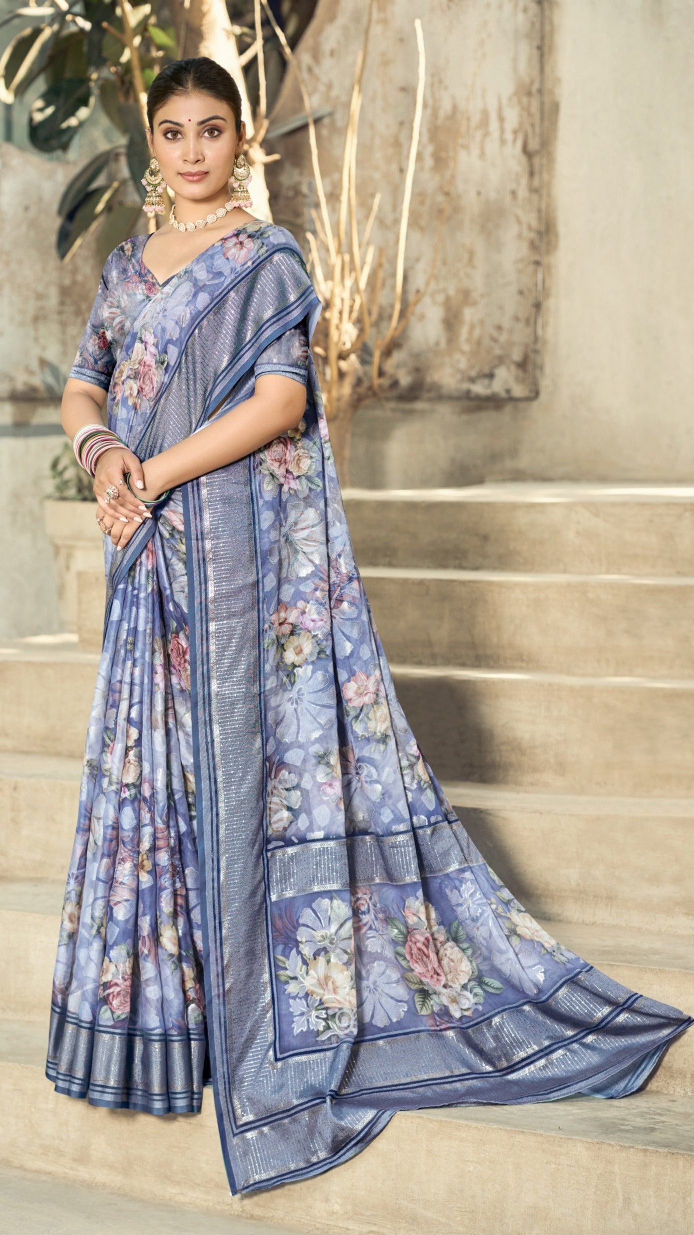 Floral Moss Brasso Saree with Foil Jari Border | Krishna Textiles Market