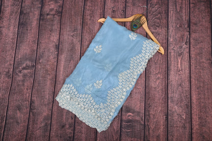 Soft Silk Saree with White Floral Embroidery & Sequin Border | Elegant Party Wear Saree with Contrast  Blouse