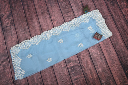 Soft Silk Saree with White Floral Embroidery & Sequin Border | Elegant Party Wear Saree with Contrast  Blouse