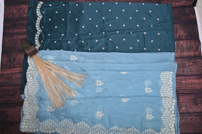 Soft Silk Saree with White Floral Embroidery & Sequin Border | Elegant Party Wear Saree with Contrast  Blouse