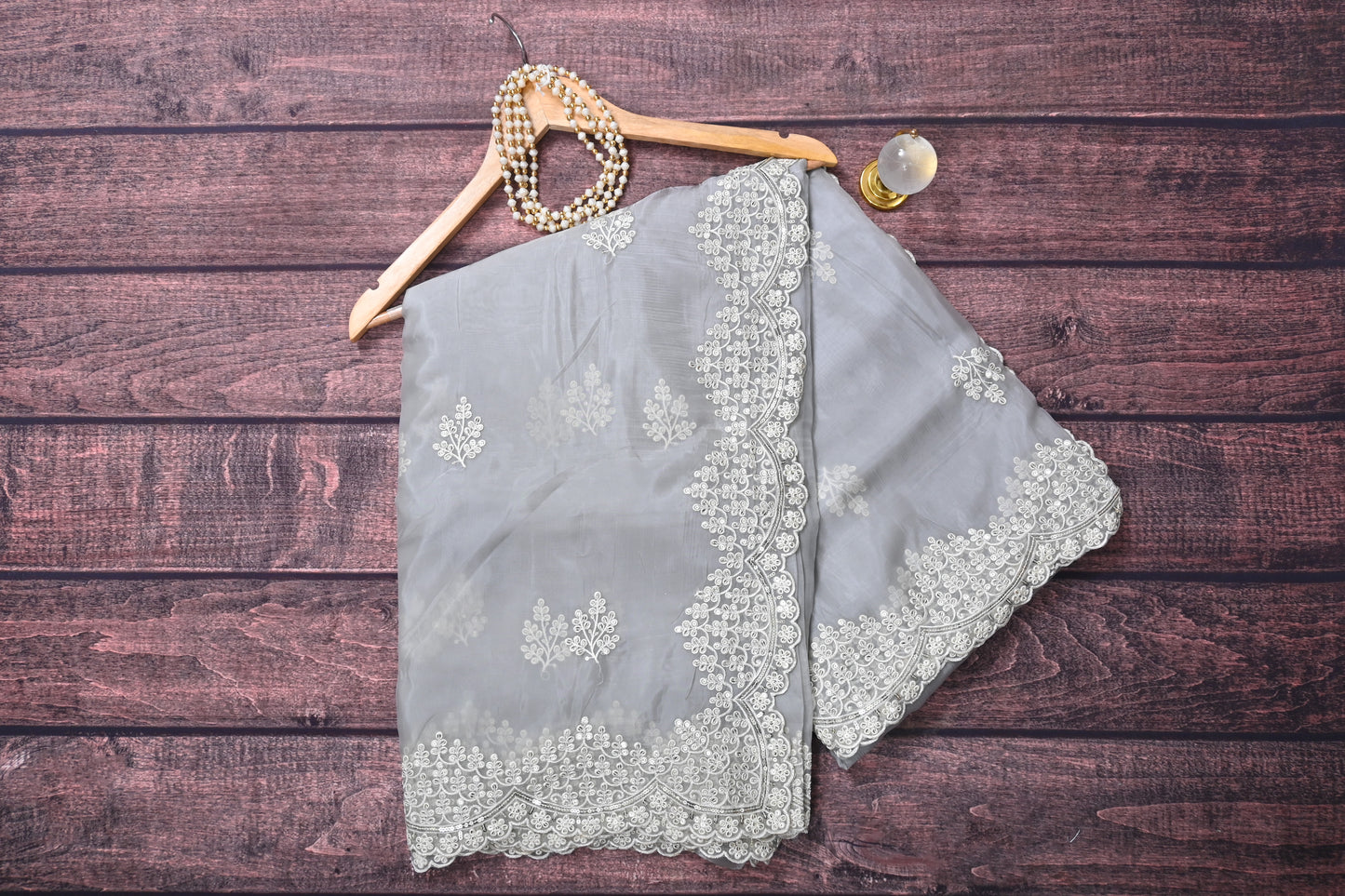 Soft Silk Saree with White Floral Embroidery & Sequin Border | Elegant Party Wear Saree with Contrast  Blouse