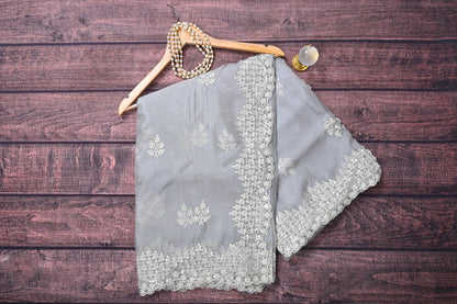 Soft Silk Saree with White Floral Embroidery & Sequin Border | Elegant Party Wear Saree with Contrast  Blouse