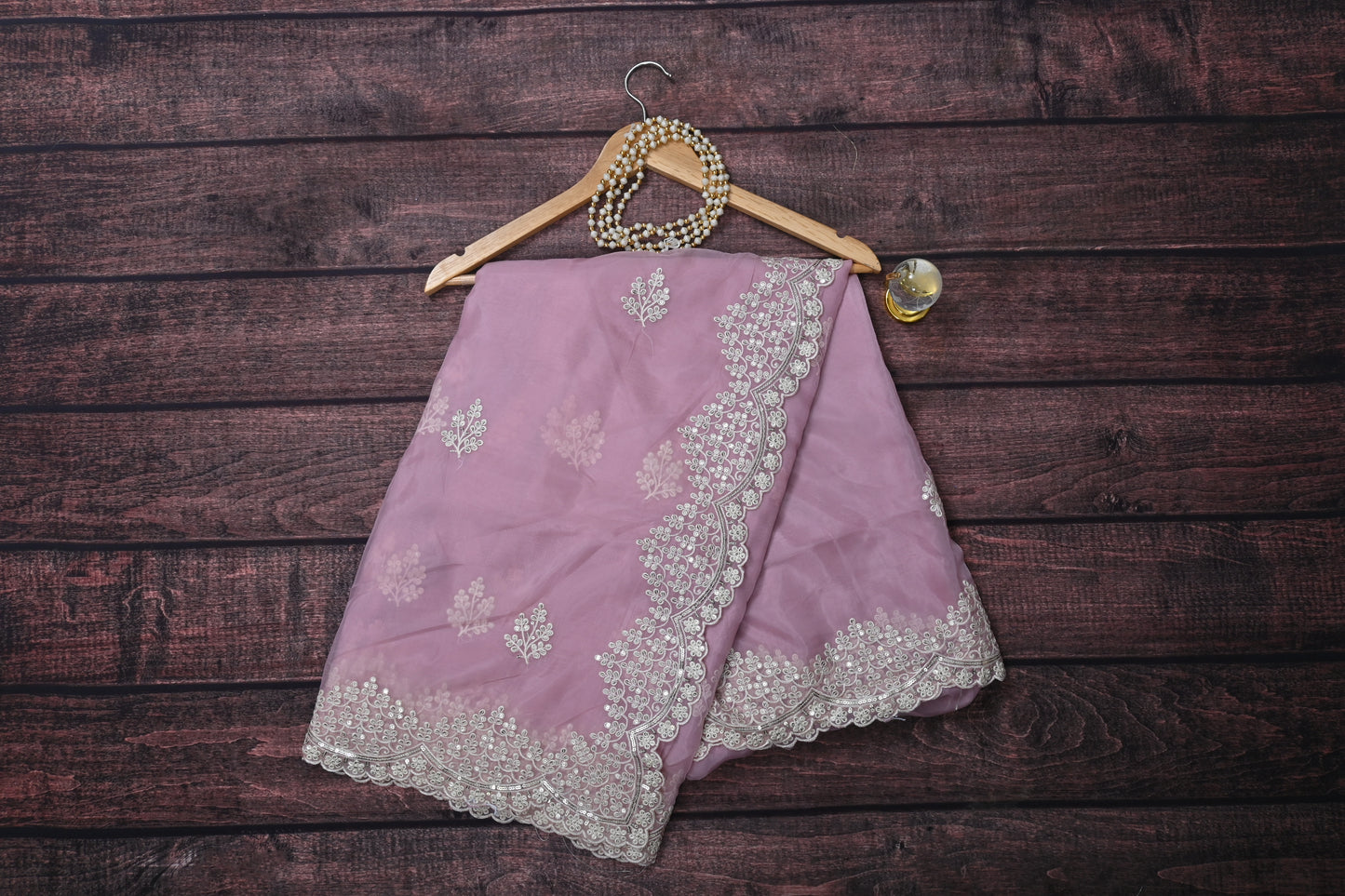 Soft Silk Saree with White Floral Embroidery & Sequin Border | Elegant Party Wear Saree with Contrast  Blouse