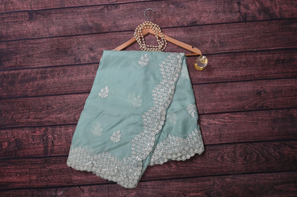 Soft Silk Saree with White Floral Embroidery & Sequin Border | Elegant Party Wear Saree with Contrast  Blouse