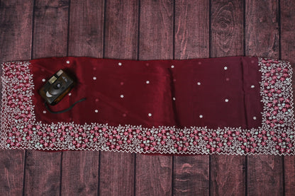 Premium Vichitra Silk Saree with Heavy Embroidery Work & Contrast Blouse