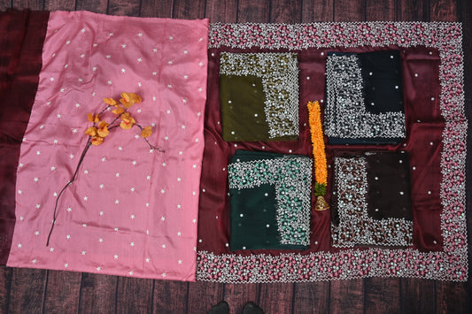 Premium Vichitra Silk Saree with Heavy Embroidery Work & Contrast Blouse