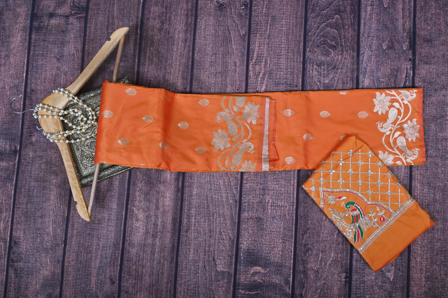 Premium Soft Silk Kathpadar Saree with Royal Peacock Motif & Heavy Aari Work Blouse