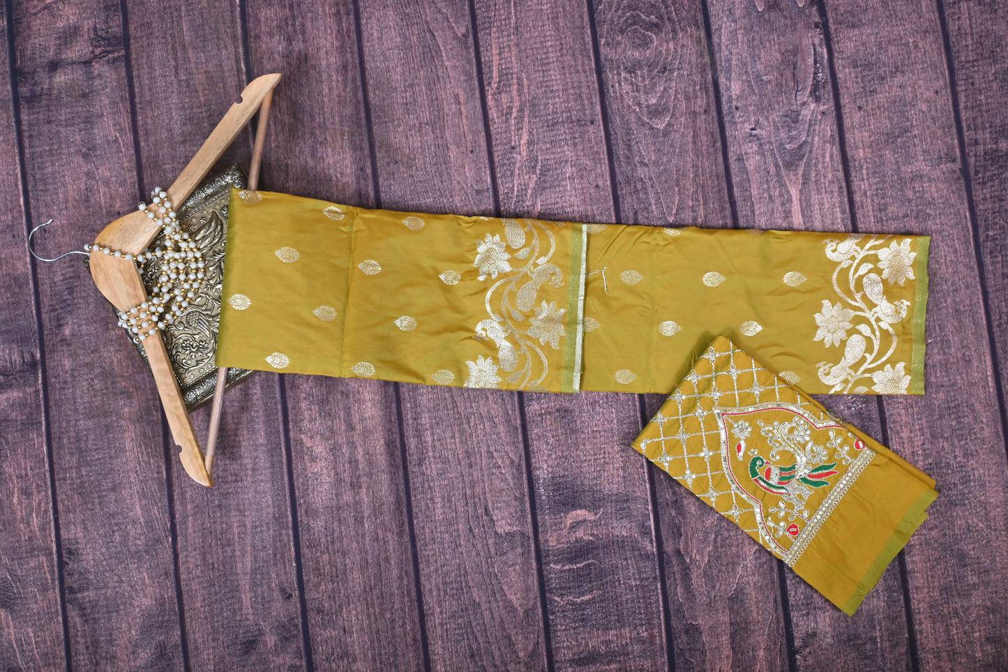 Premium Soft Silk Kathpadar Saree with Royal Peacock Motif & Heavy Aari Work Blouse