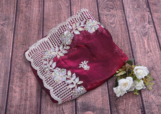 Cut Work Sequence Organza Saree with Contrast Blouse | 6.3 Meter Party Wear Saree